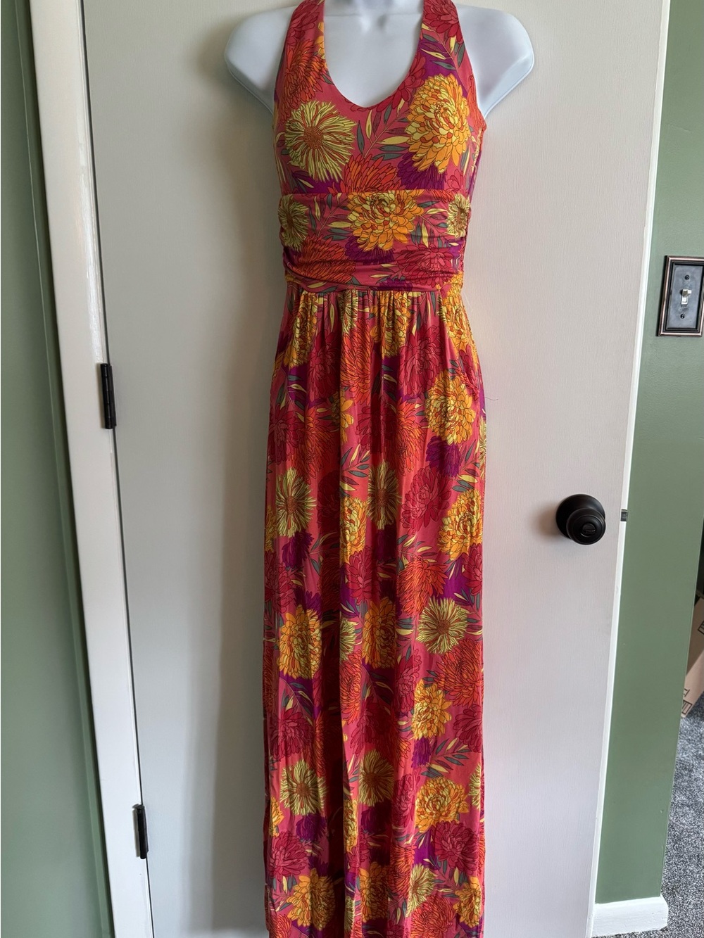 NWT Floral Halter Maxi Dress in Deep Red and Yellow